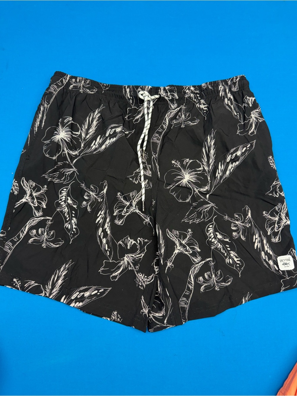 Men's Black Floral Swim Trunks with White Print - Spicy Tuna